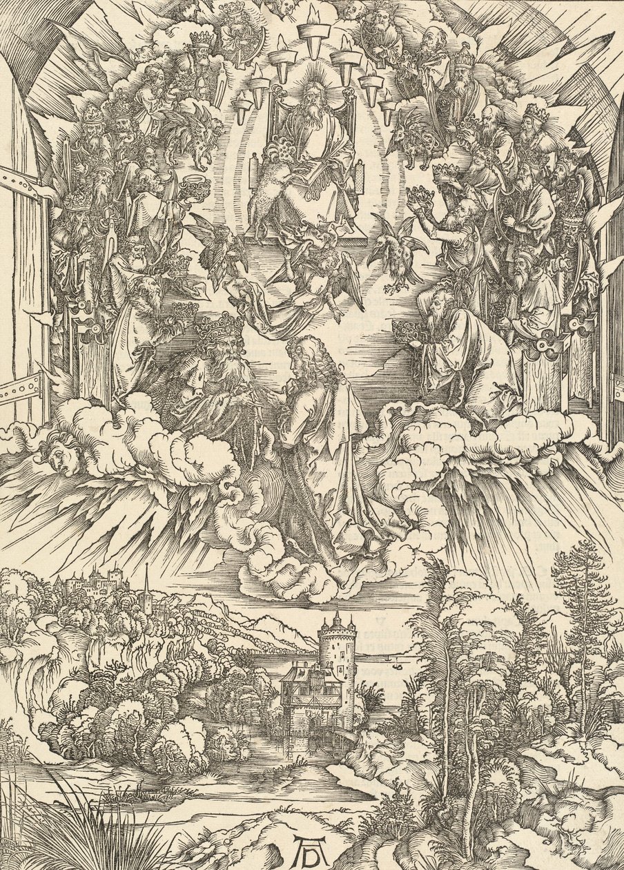 Pyhä Johannes Jumalan ja vanhinten edessä, 1498. tekijältä Albrecht Dürer