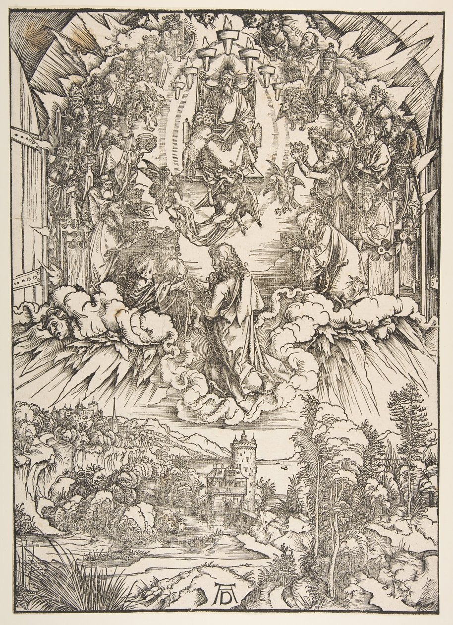 Pyhä Johannes Jumalan ja vanhinten edessä, The Apocalypse, n. 1496. tekijältä Albrecht Dürer