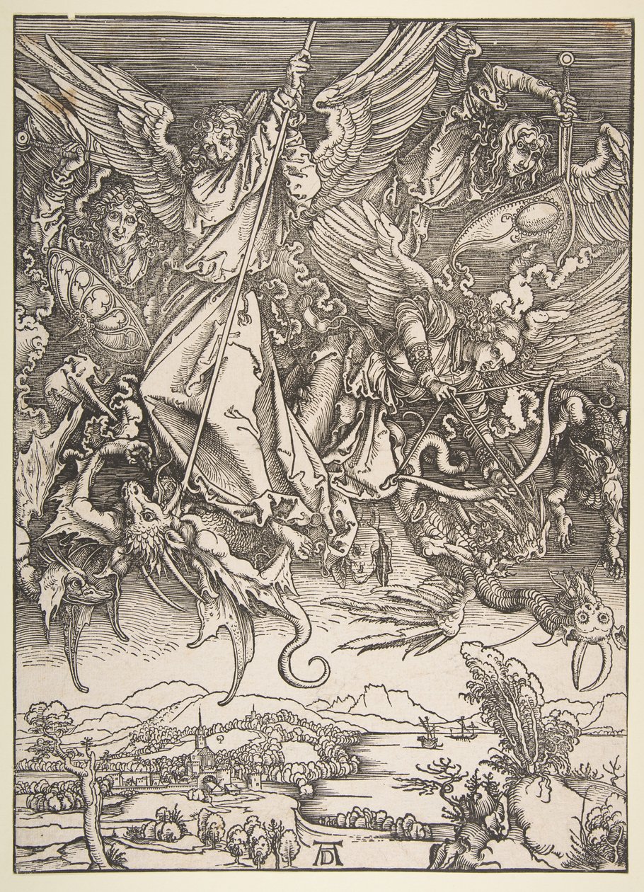 Pyhä Mikael taistelee lohikäärmettä vastaan, teoksesta ”Ilmestyskirja” tekijältä Albrecht Dürer