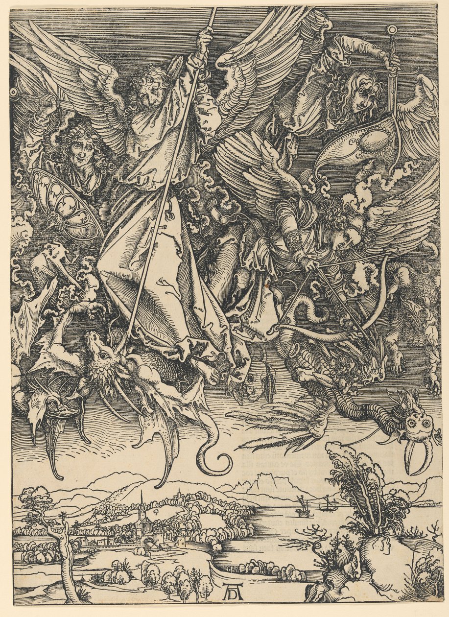 Pyhä Mikael taistelee lohikäärmettä vastaan, sarjasta ”Apokalypsi” tekijältä Albrecht Dürer