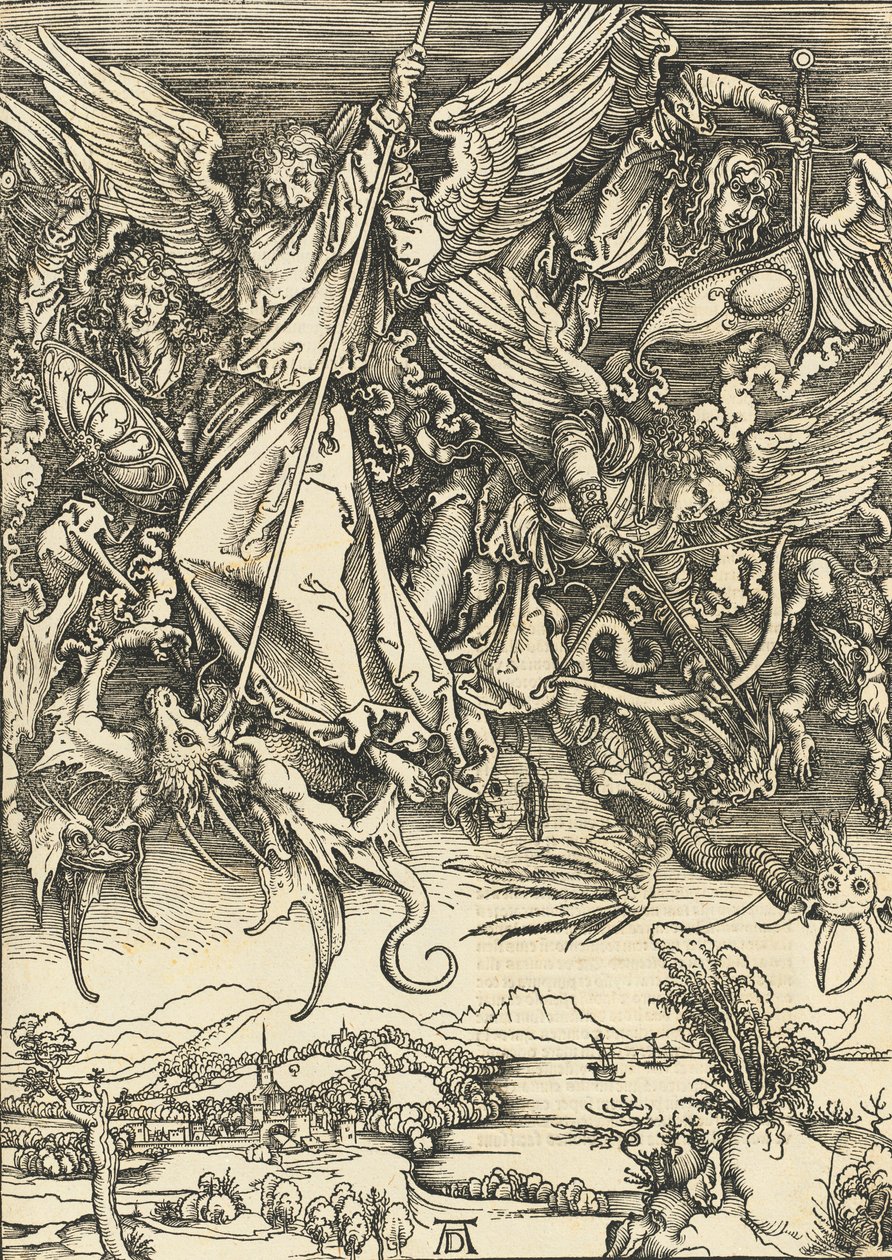 Pyhä Mikael taistelee lohikäärmettä vastaan, luultavasti n. 14961498 julkaistu 1511. tekijältä Albrecht Dürer