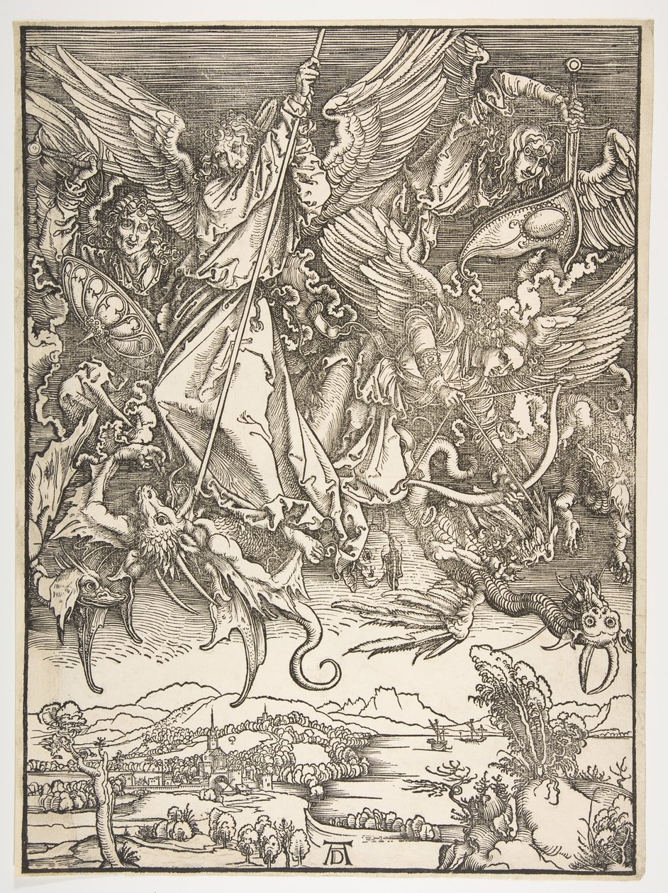 Pyhä Mikael ja lohikäärme, The Apocalypse, n. 1498. tekijältä Albrecht Dürer