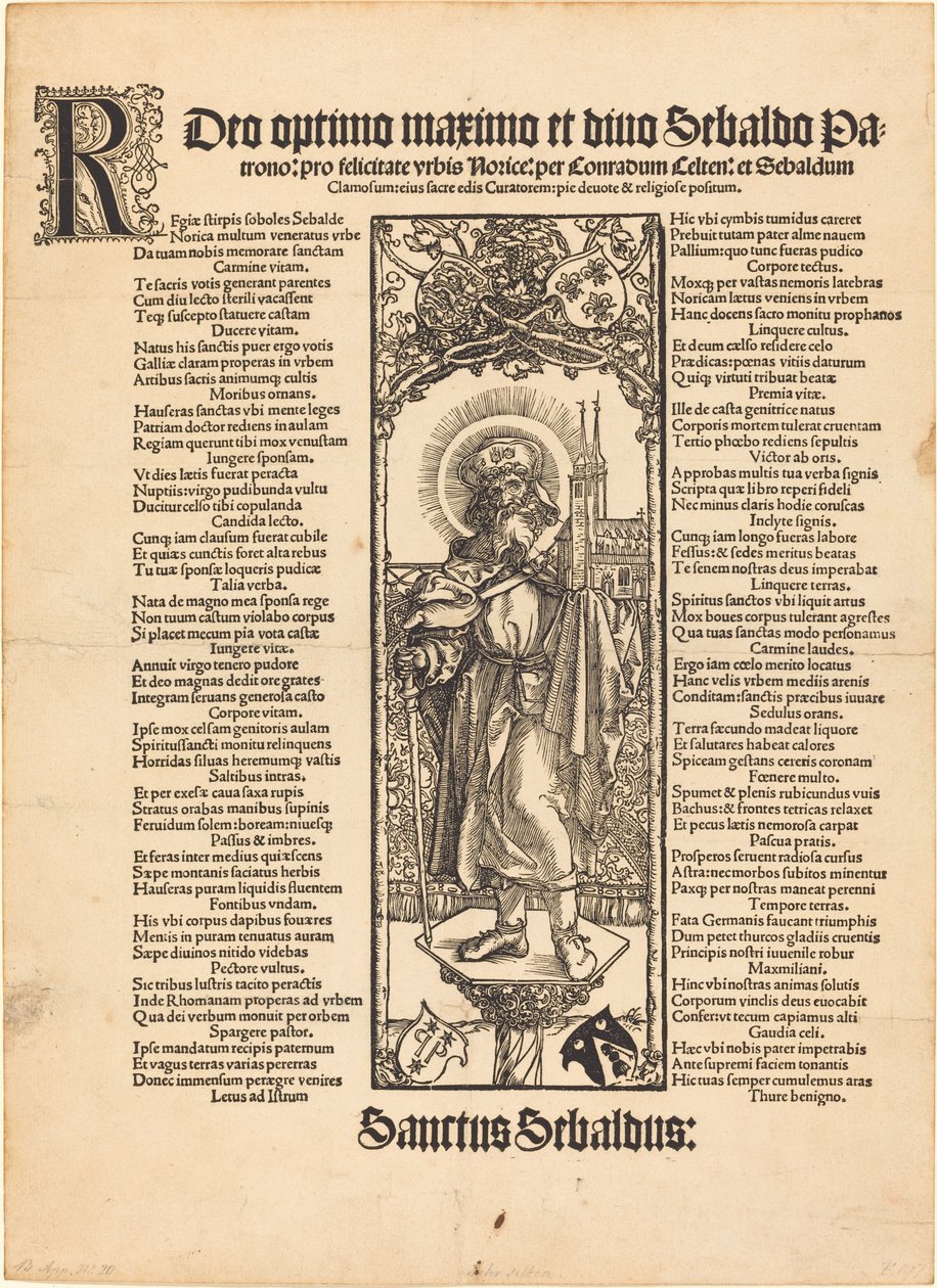 Pyhä Sebaldus seisoo pylväällä tekijältä Albrecht Dürer