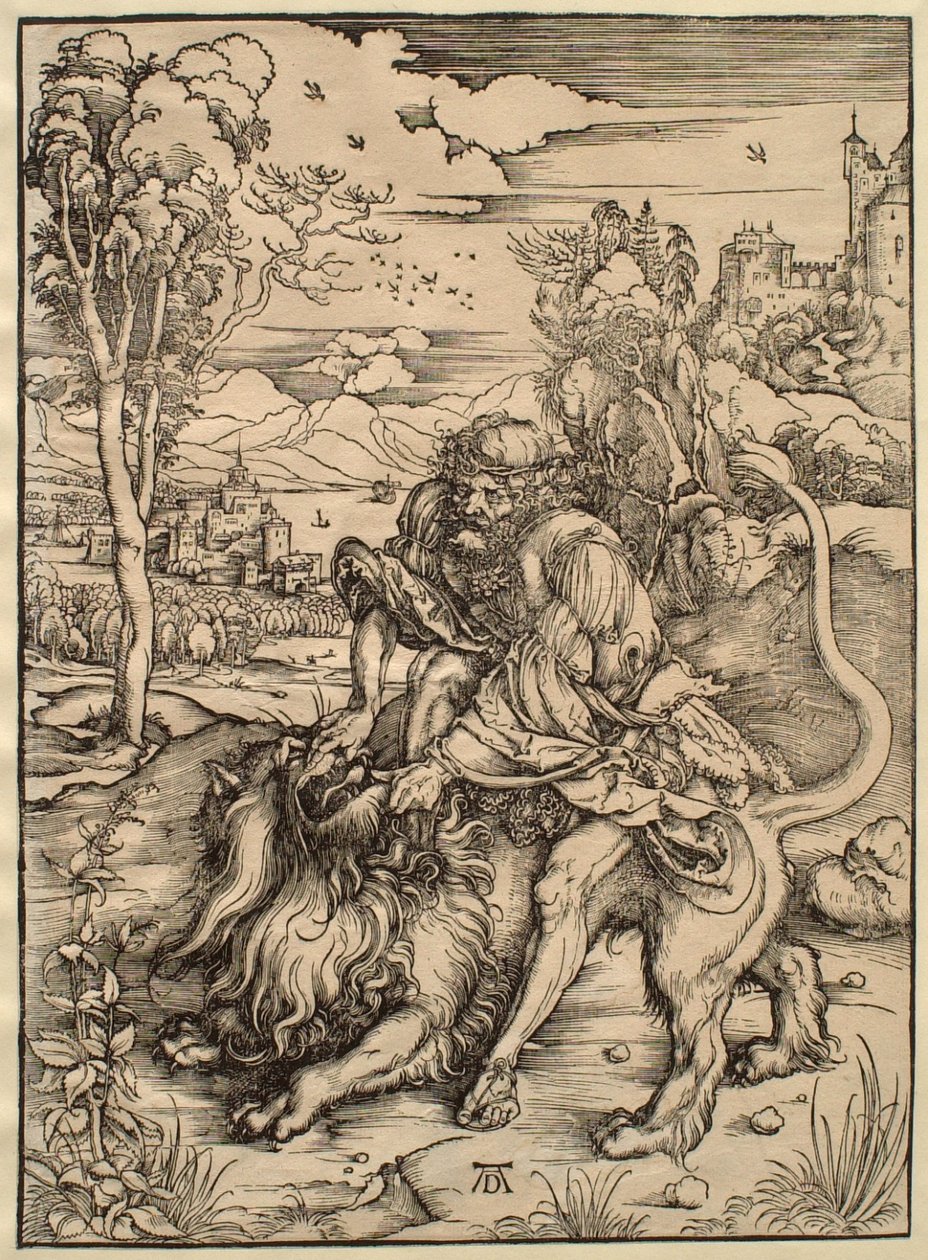 Simson taistelee leijonan kanssa tekijältä Albrecht Dürer