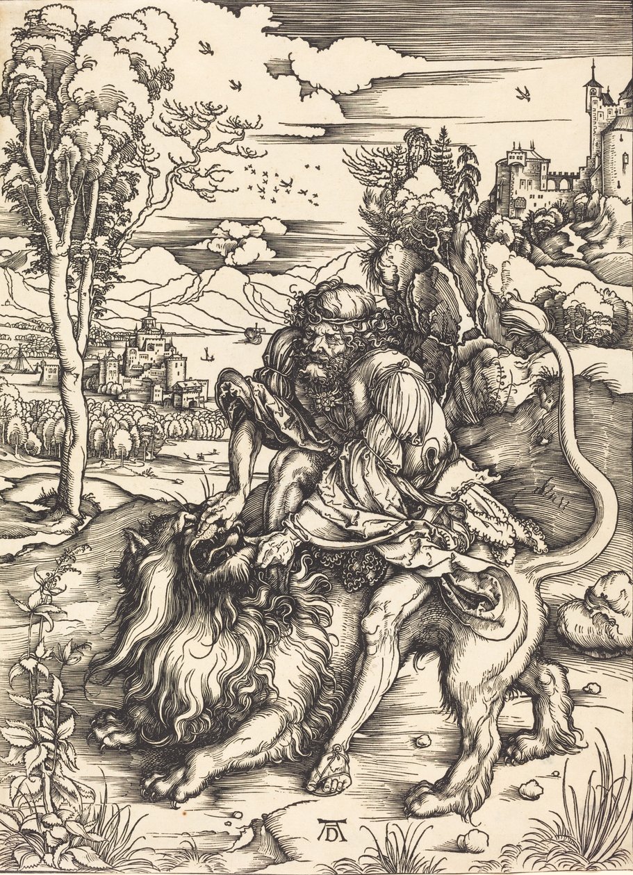 Simson taistelee leijonan kanssa, n. 14971498. tekijältä Albrecht Dürer