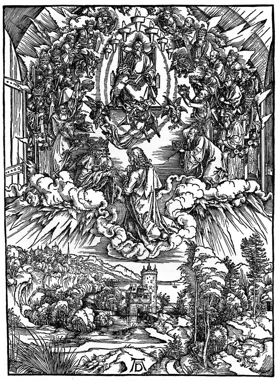 Kohtaus Apokalypsista, Pyhä Johannes Isän Jumala ja kaksikymmentäneljä vanhinta, 1498, 1936. tekijältä Albrecht Dürer
