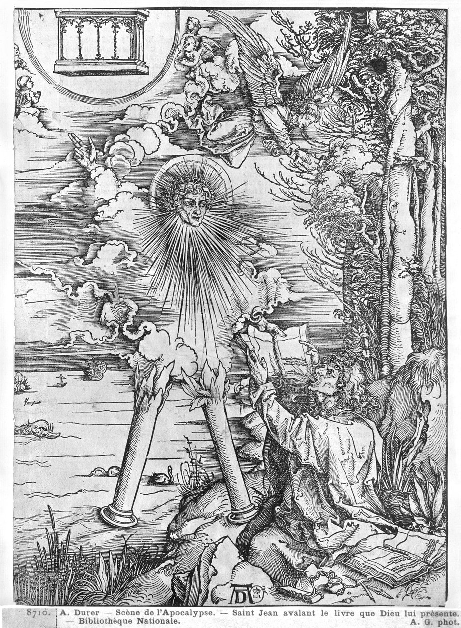 Kohtaus Apokalypsista, Pyhä Johannes söi kirjan, latinalainen painos, 1511 (puupiirros) (bw kuva) tekijältä Albrecht Dürer