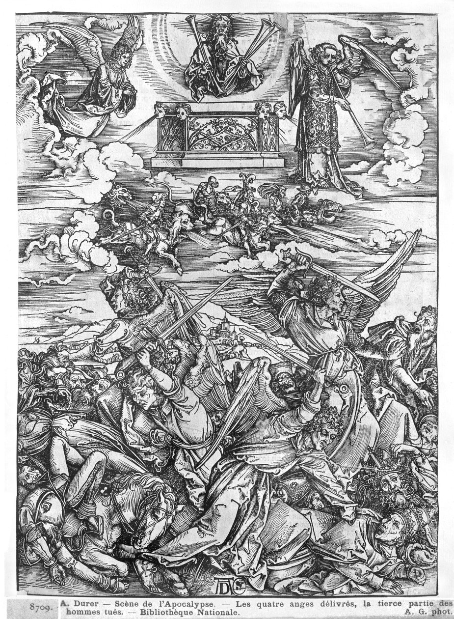 Kohtaus Apokalypsista, Neljä kostonhimoista enkeliä, latinalainen painos, 1511 tekijältä Albrecht Dürer