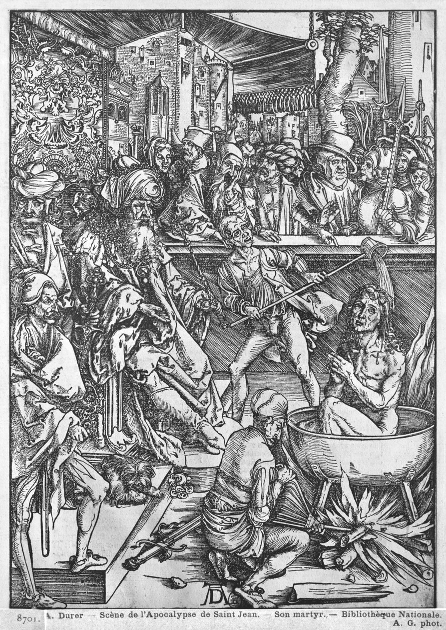 Kohtaus Apokalypsista, Pyhän Johannes Evankelistan marttyyrikuolema, latinalainen painos, 1511 tekijältä Albrecht Dürer