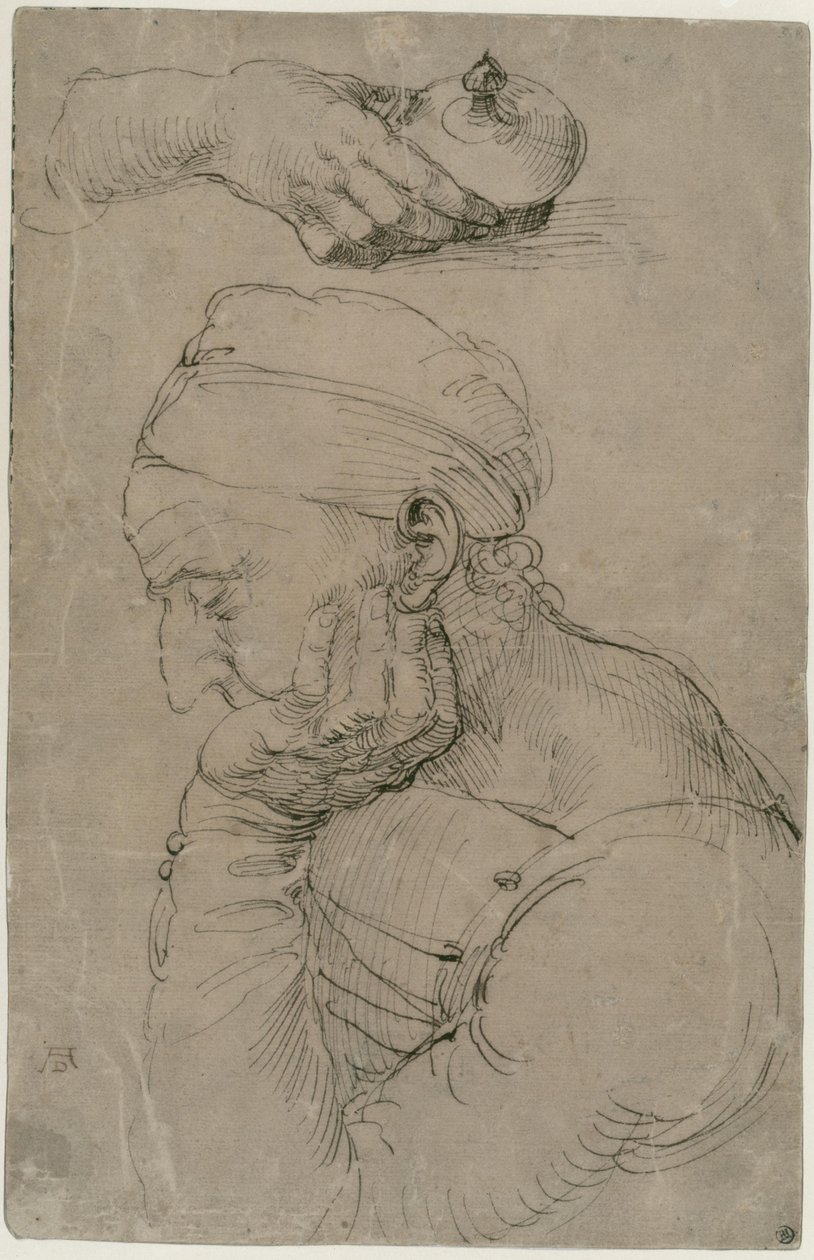 Nukkuva mies ja tutkielma voideastiaa pitelevästä kädestä tekijältä Albrecht Dürer