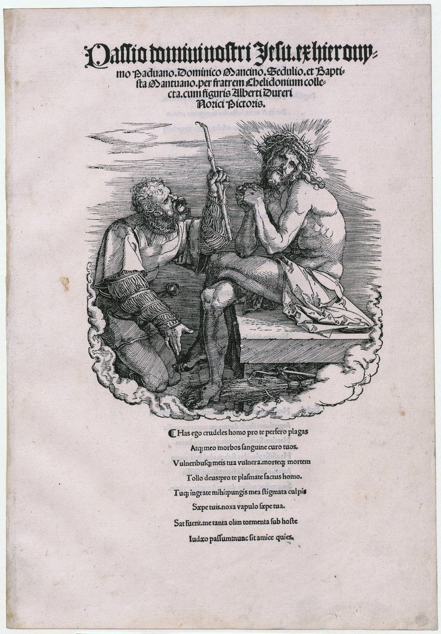 ”Schmerzensmann ja Landsknecht”, sivu 1 [otsikkosivu] sarjasta ”Die Grosse Passion” tekijältä Albrecht Dürer