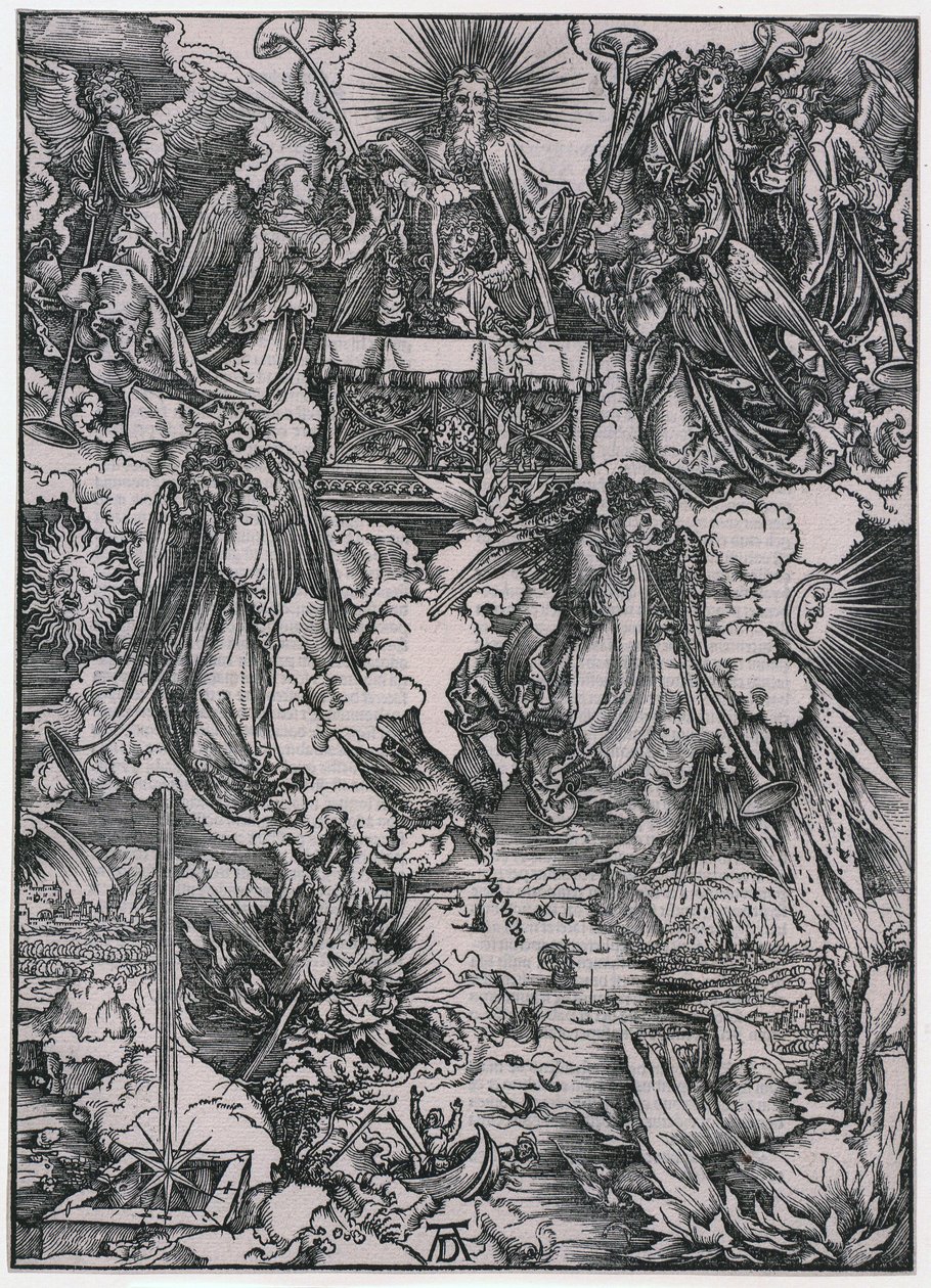 Seitsemän pasuunaa puhaltavaa enkeliä, VI hahmo, lehti 8 sarjasta "Ilmestyskirja" tekijältä Albrecht Dürer