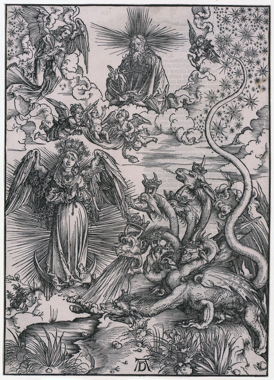 Auringon nainen ja seitsenpäinen lohikäärme, IX. kuva, sarjan ”Apokalypsi” 11. arkki tekijältä Albrecht Dürer