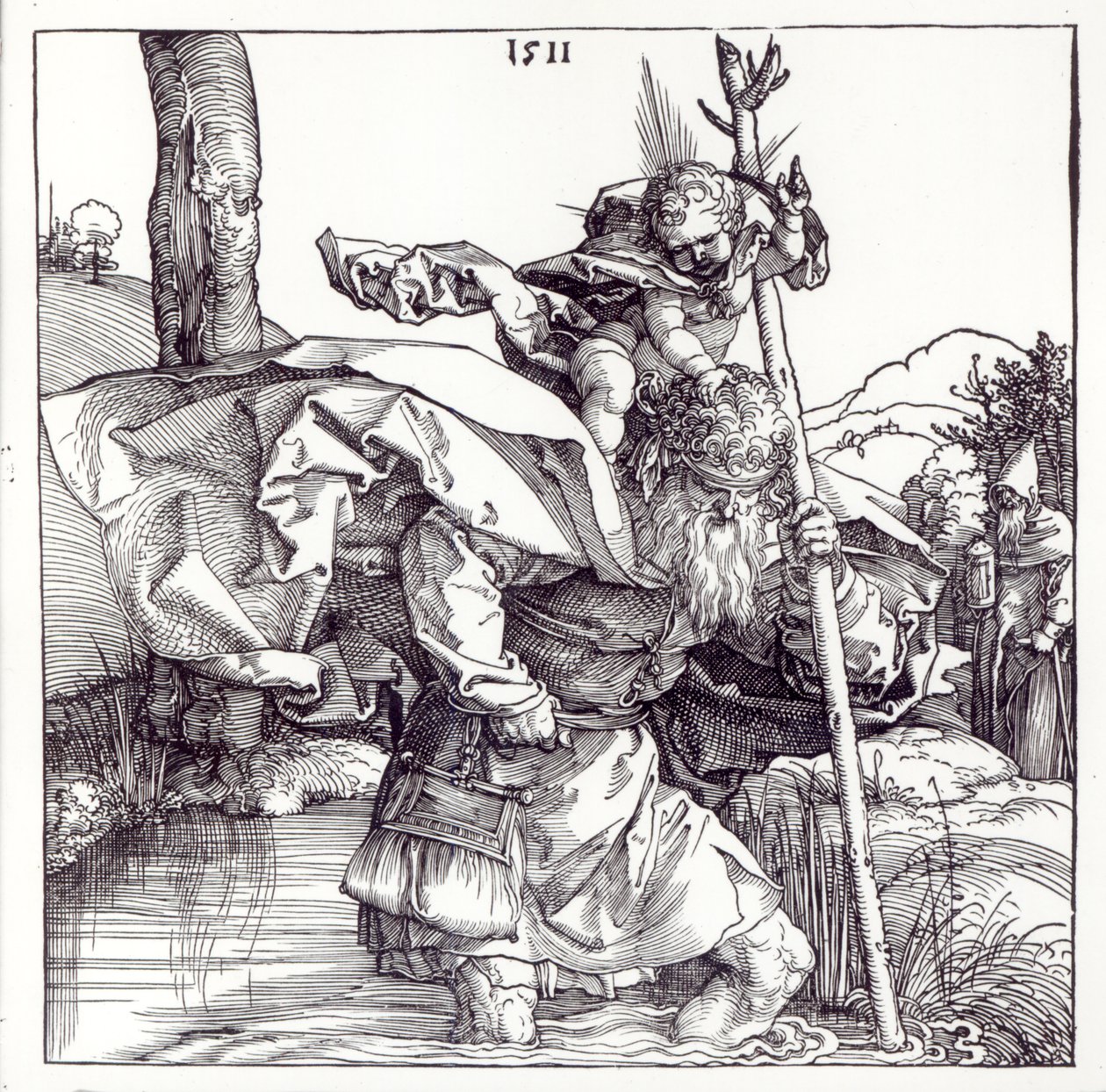 Pyhä Kristofer kantamassa Kristus-lapsea, 1511 (puupiirros) (bw kuva) tekijältä Albrecht Dürer