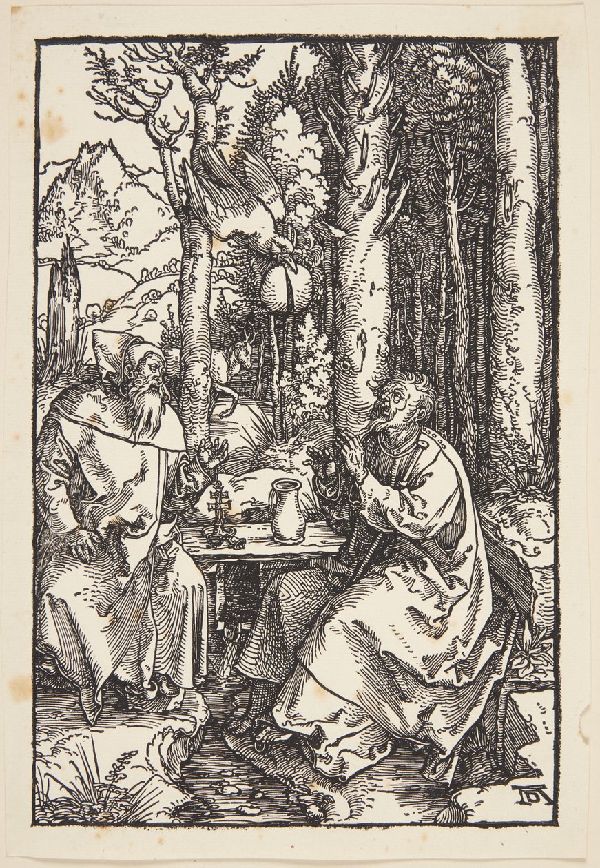 St. Anthony vierailee St. Paulin luona erämaassa tekijältä Albrecht Dürer