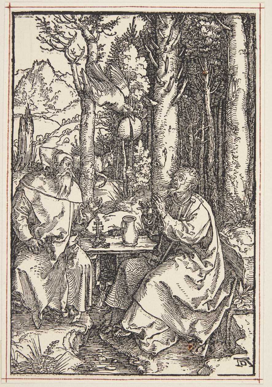 St. Anthony vierailee St. Paulin luona erämaassa tekijältä Albrecht Dürer