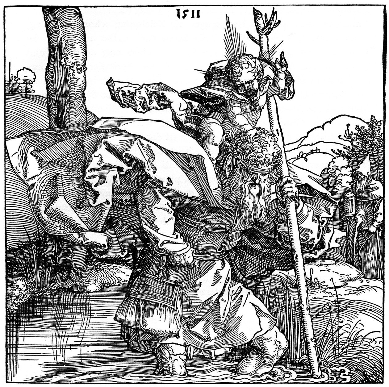 Pyhä Kristofer kantamassa Kristus-lapsia, 1511, 1936 tekijältä Albrecht Dürer