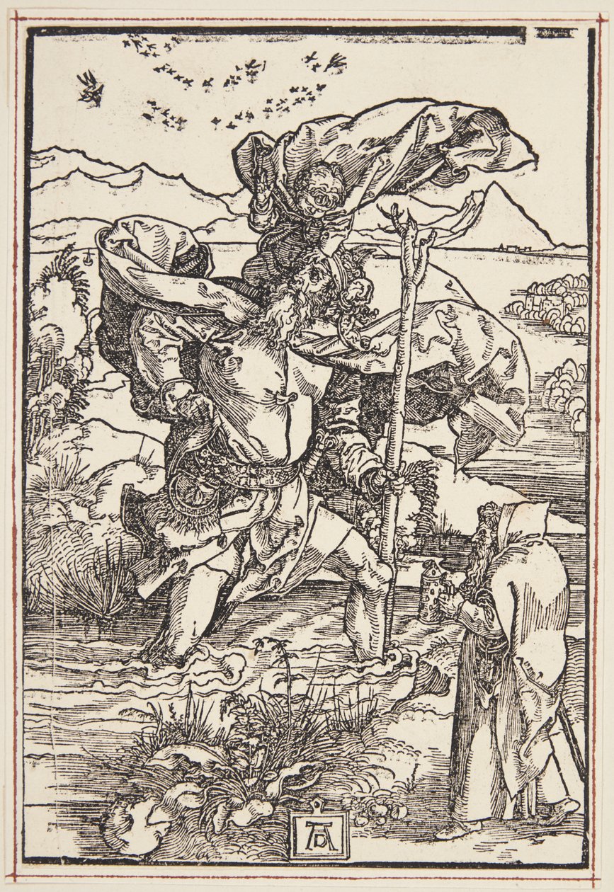 St. Christopher erämaassa lintujen lennon kanssa tekijältä Albrecht Dürer