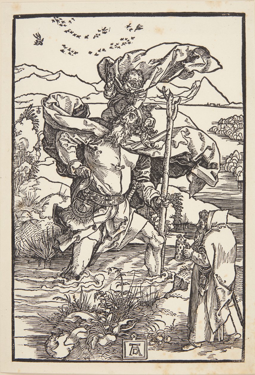 St. Christopher erämaassa lintujen lennon kanssa tekijältä Albrecht Dürer