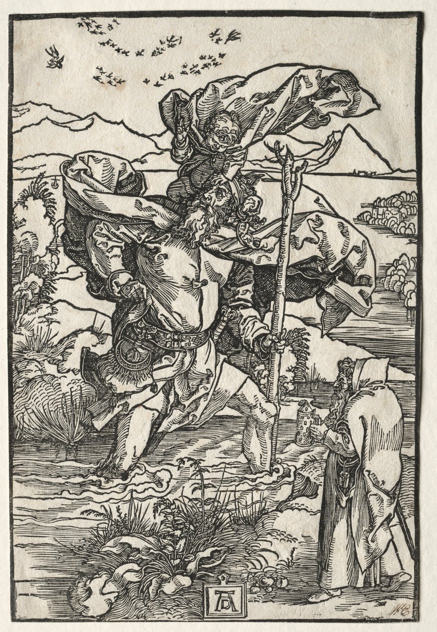 Pyhä Kristofer lintujen kanssa, n. 1501-1504. tekijältä Albrecht Dürer