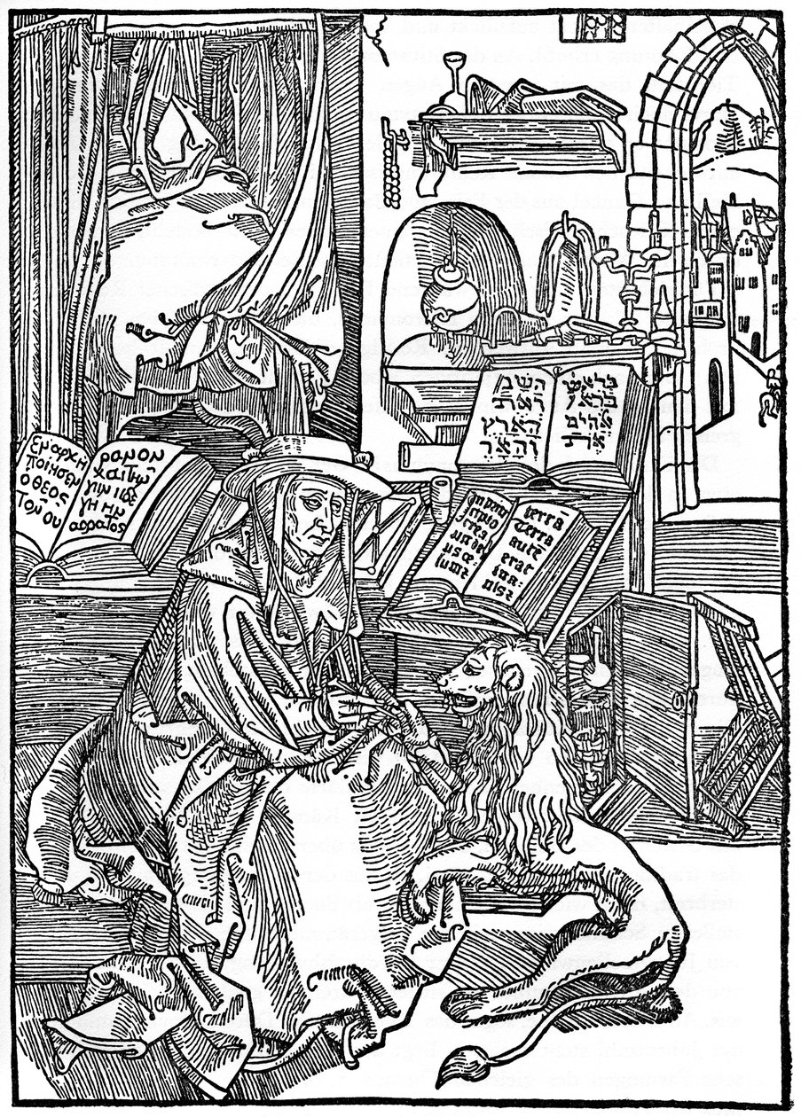 Pyhä Hieronymus työhuoneessaan vetää piikkia leijonan tassusta, 1492, 1936 tekijältä Albrecht Dürer