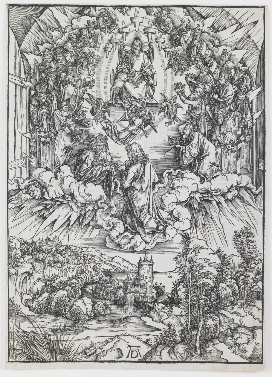 Pyhä Johannes Jumalan ja vanhinten edessä, sarjasta "The Apocalypse" tekijältä Albrecht Dürer