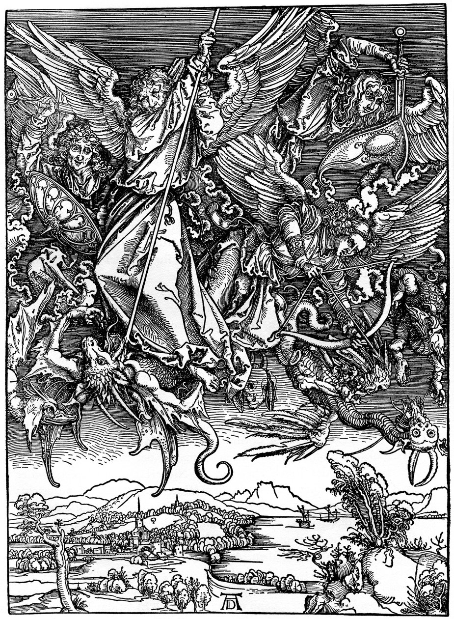 Pyhä Mikael taistelee lohikäärmeen kanssa, 1498, 1936 tekijältä Albrecht Dürer