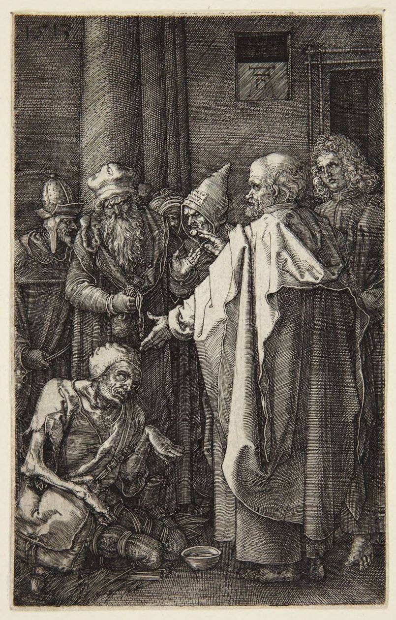 Pyhä Pietari ja Pyhä Johannes parantavat raajarin (Engraved Passion -sarja) tekijältä Albrecht Dürer