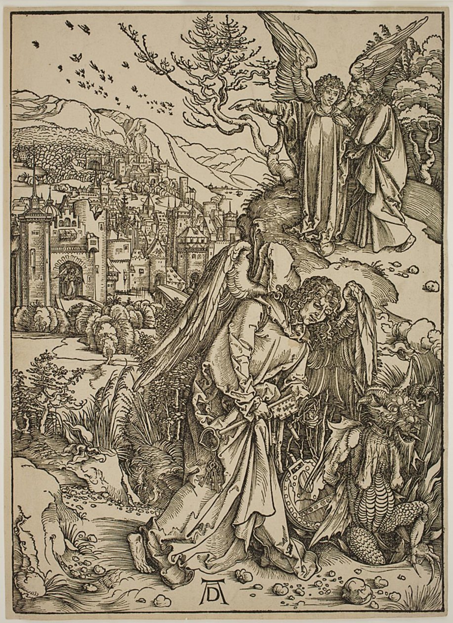 Enkeli näyttää Pyhää Johannes Uutta Jerusalemia tekijältä Albrecht Dürer