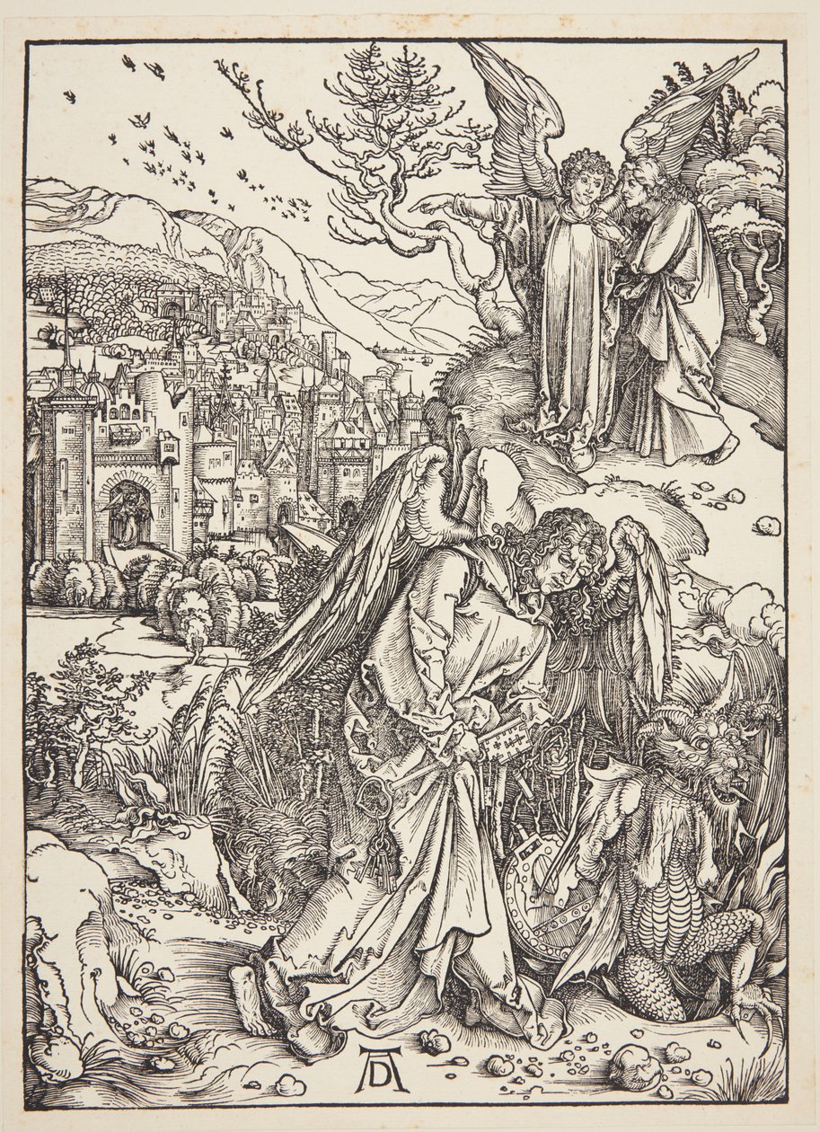 Enkeli näyttää Pyhää Johannes Uutta Jerusalemia tekijältä Albrecht Dürer