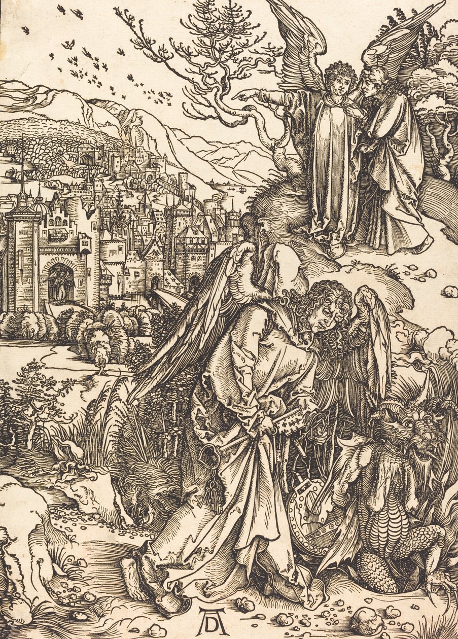 Enkeli avaimella pohjattomaan kaivoon, luultavasti n. 14961498. tekijältä Albrecht Dürer