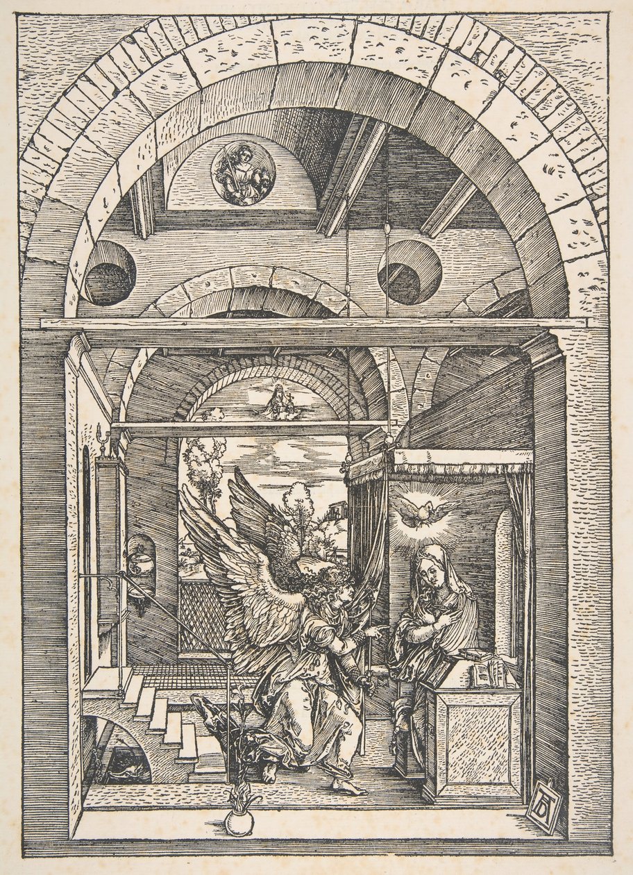 Anunciation, teoksesta The Life of the Virgin, latinalainen painos, 1511.n.d. tekijältä Albrecht Dürer