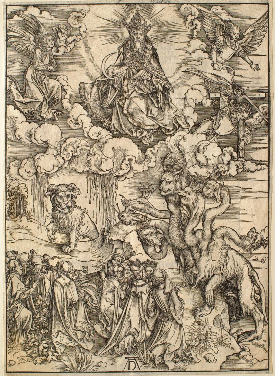 Ilmestyskirja: Peto, jolla on kaksi sarvea kuin karitsalla tekijältä Albrecht Dürer