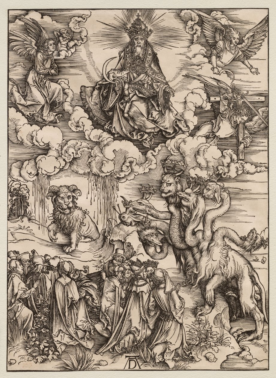 Ilmestyskirja: Peto, jolla on kaksi sarvea kuin karitsalla tekijältä Albrecht Dürer