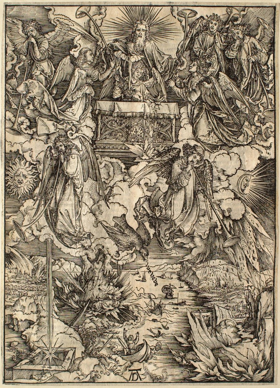 Ilmestyskirja: Seitsemän pasuunoita pitelevää enkeliä tekijältä Albrecht Dürer