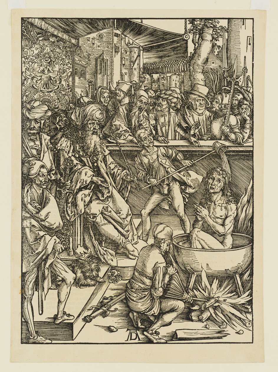 Pyhän Johanneksen marttyyrikuoleman yritys palavaa öljyä sisältävässä padassa Domitianuksen aikana tekijältä Albrecht Dürer