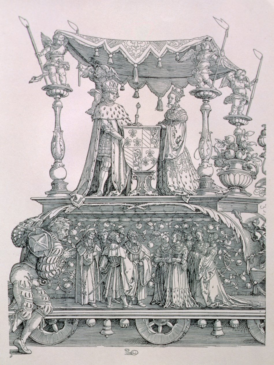 Burgundialainen avioliitto tai Saksan keisari Maximilian I:n (1459-1519) voittokulkue, jossa näytetään Maximilianuksen ja Burgundin Marian (1458-82) häävaunut, pub. 1526 (yksityiskohta tekijältä Albrecht Dürer