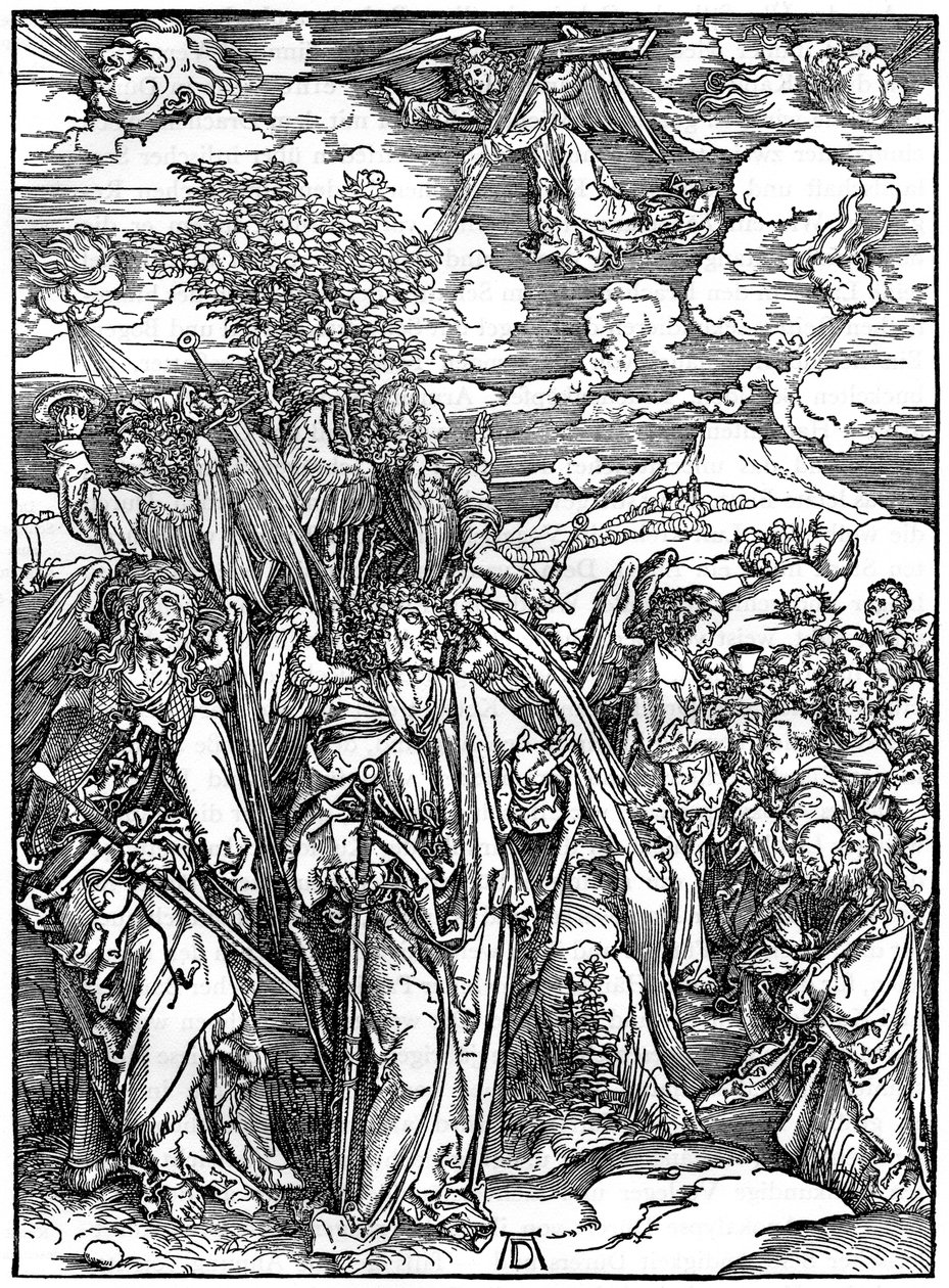 Neljä enkeliä pitelemässä tuulia, 1498, 1936 tekijältä Albrecht Dürer