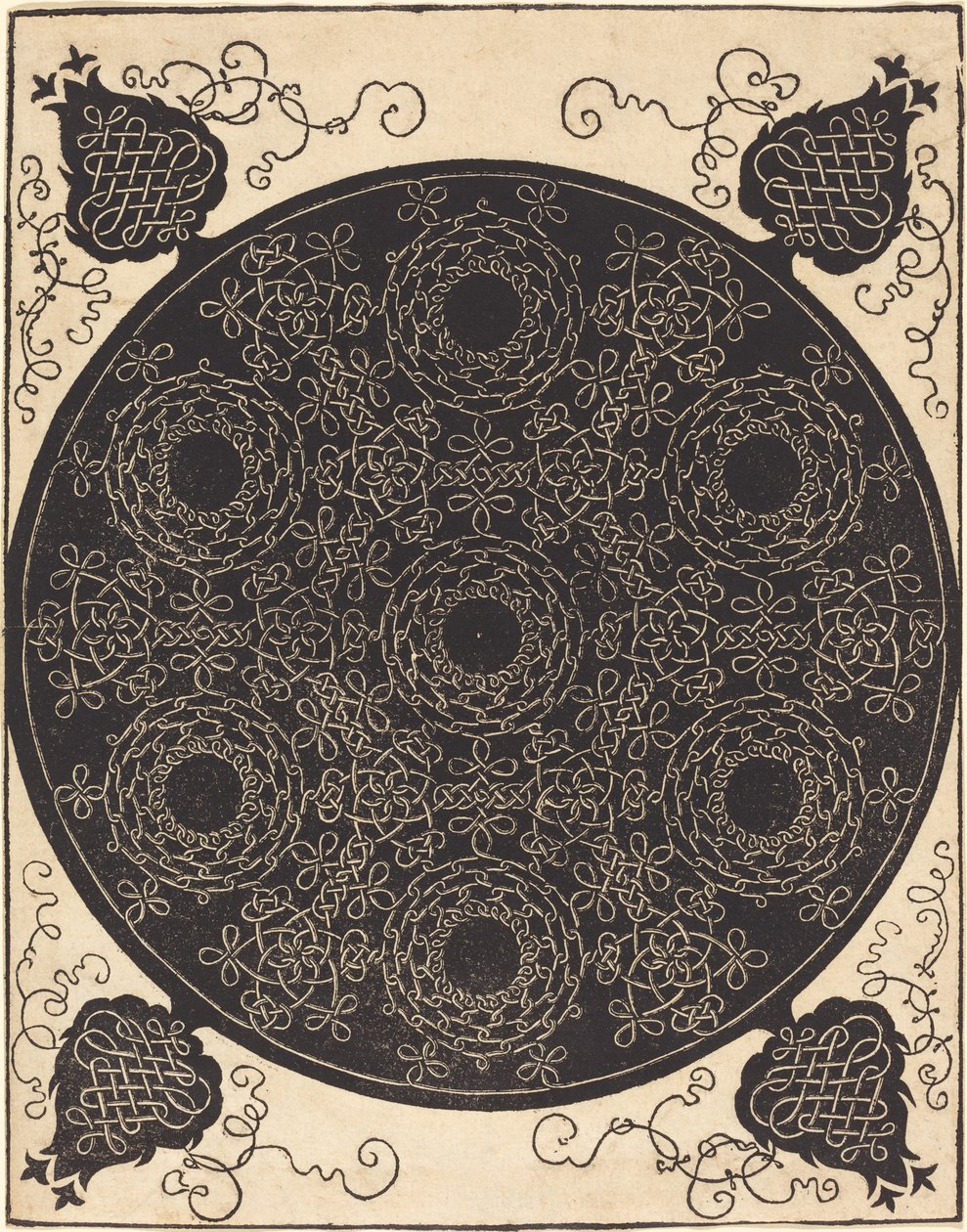 Neljäs solmu (yhdistää seitsemän pyöreää solmuryhmää mustilla keskuksilla) tekijältä Albrecht Dürer