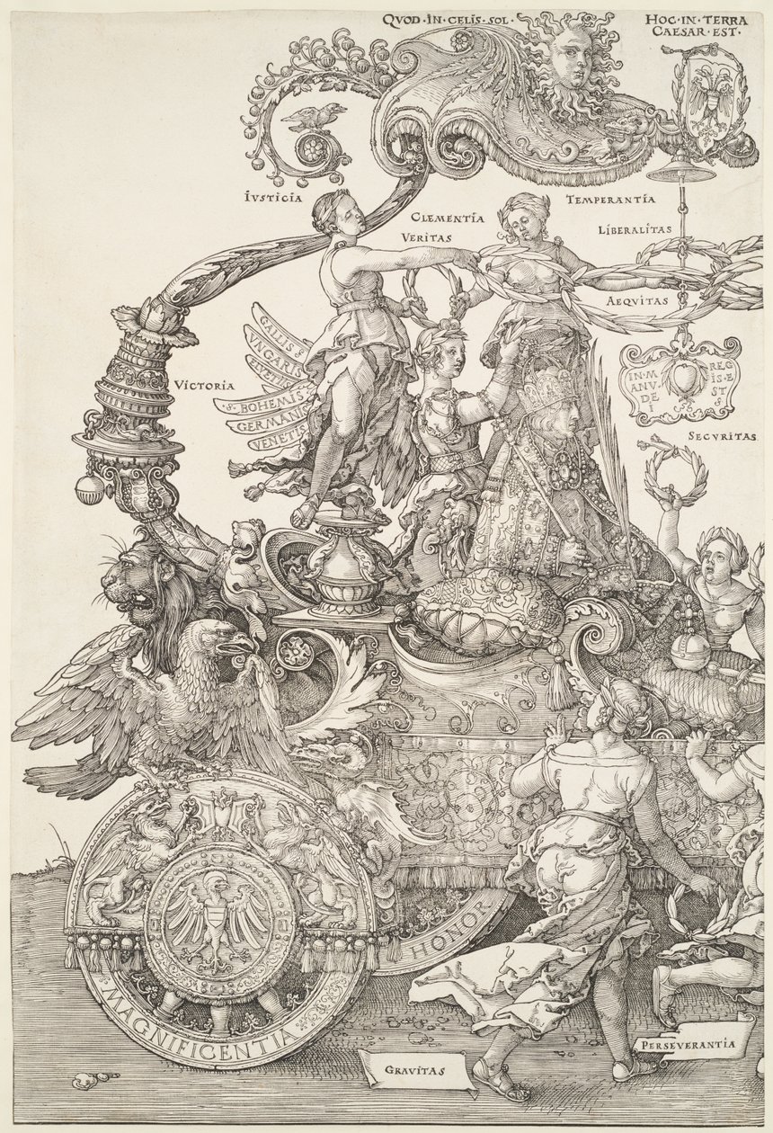 Suuret triumfivaunut: vaunujen vasen osa ja voiton jumalattaren kruunaama keisari tekijältä Albrecht Dürer