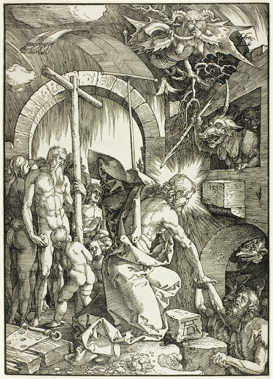 Helvetin ahdistaminen - Kristus Limbossa, levy yhdeksän suuresta kärsimyksestä tekijältä Albrecht Dürer