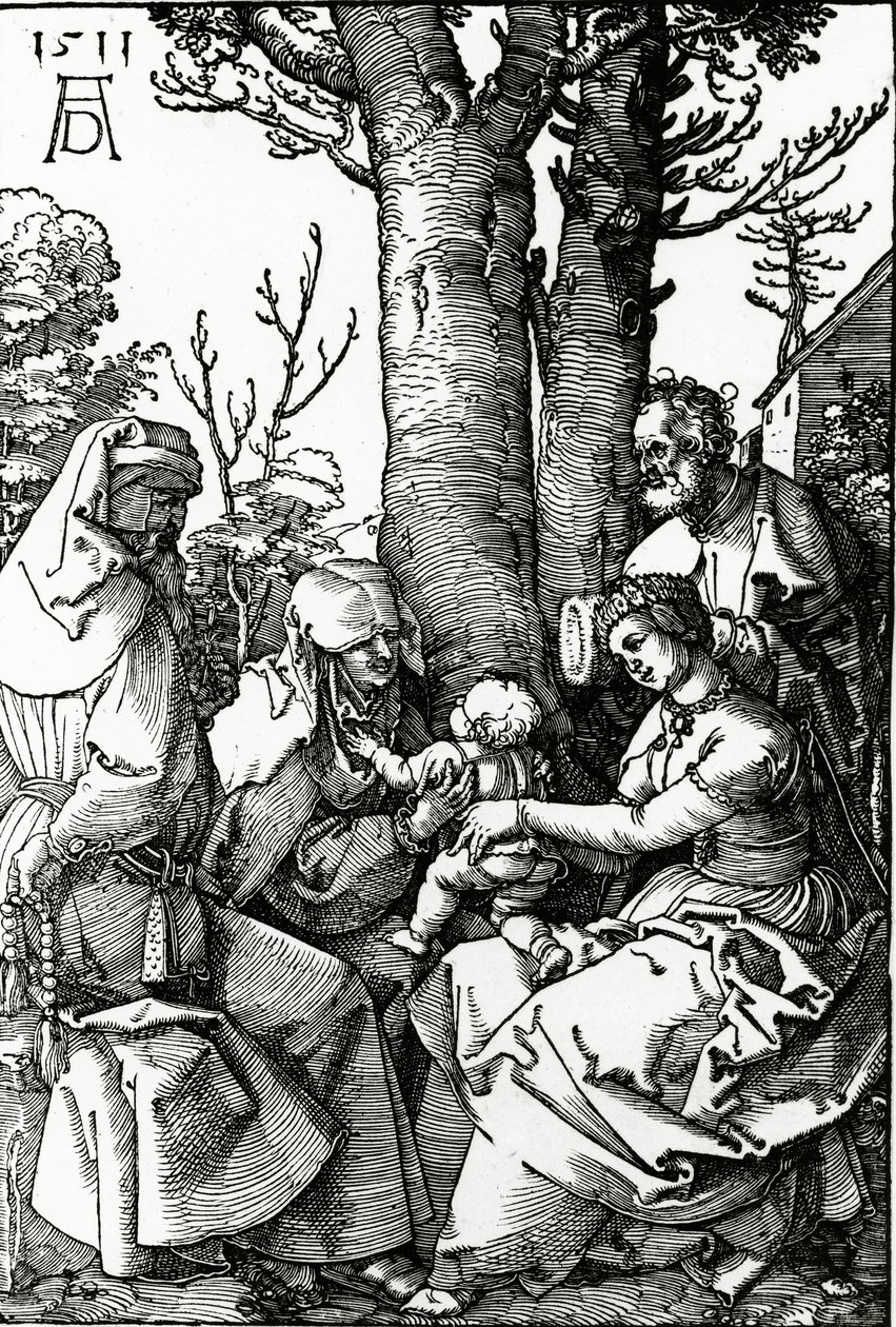 Pyhä perhe Pyhän Annan ja Pyhän Joakimin kanssa, 1511 (puupiirros) tekijältä Albrecht Dürer