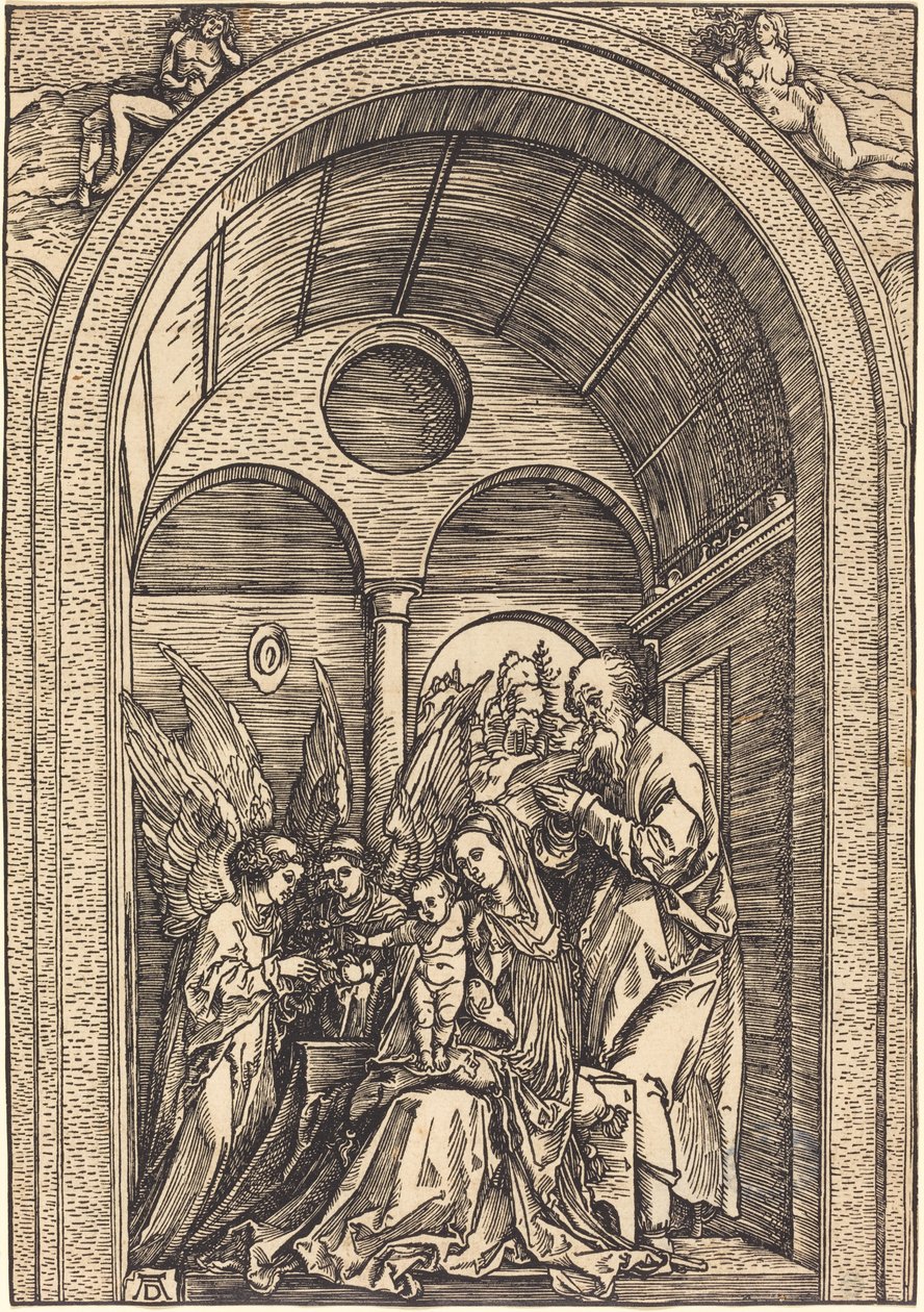 Pyhä perhe kahden enkelin kanssa holvihallissa tekijältä Albrecht Dürer