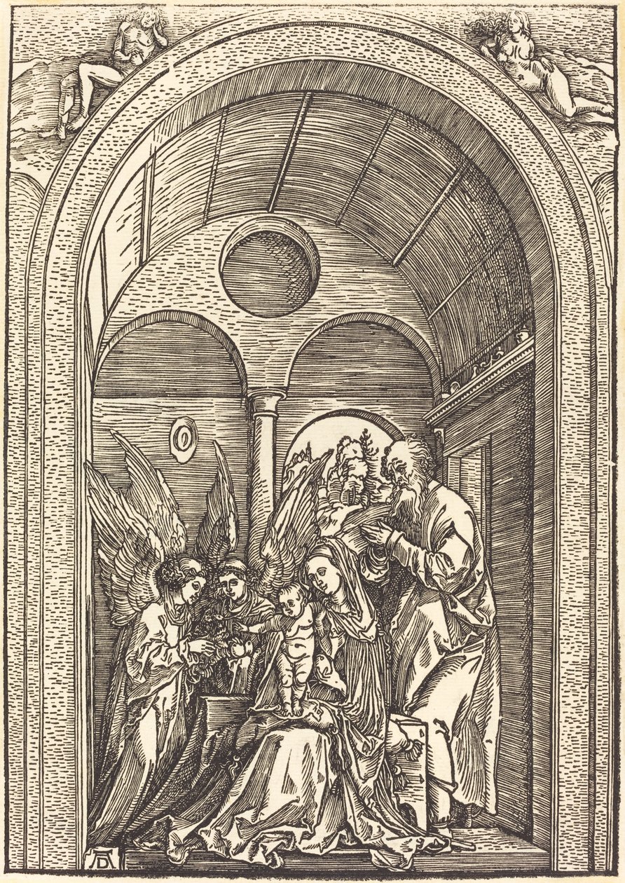Pyhä perhe kahden enkelin kanssa holvihallissa tekijältä Albrecht Dürer