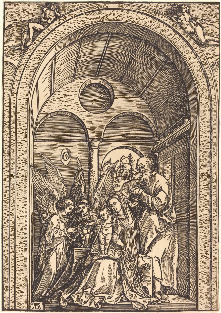 Pyhä perhe kahden enkelin kanssa holvihallissa tekijältä Albrecht Dürer