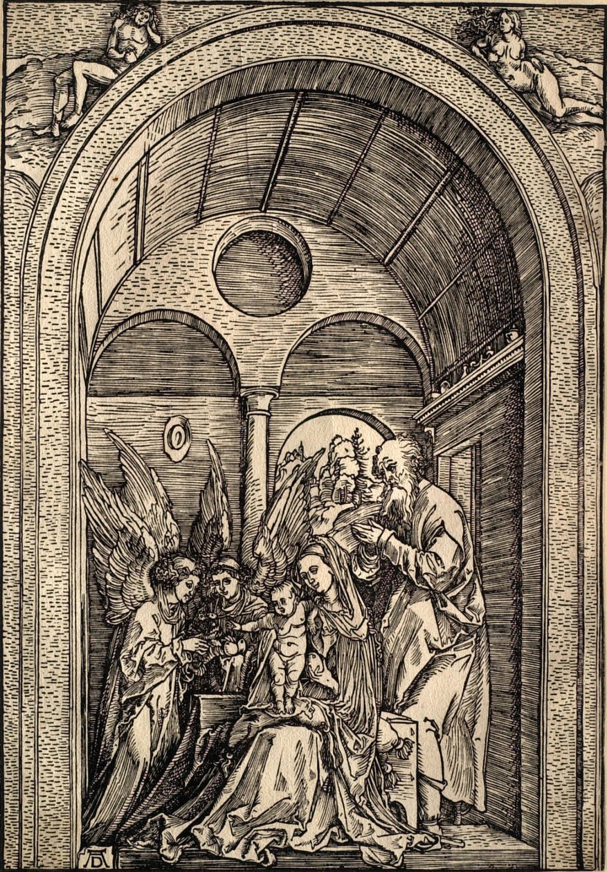 Pyhä perhe ja kaksi enkeliä holvatussa salissa tekijältä Albrecht Dürer