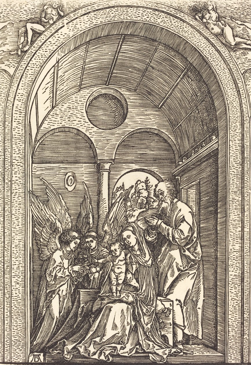 Pyhä perhe kahden enkelin kanssa holvihallissa, n. 1504. tekijältä Albrecht Dürer