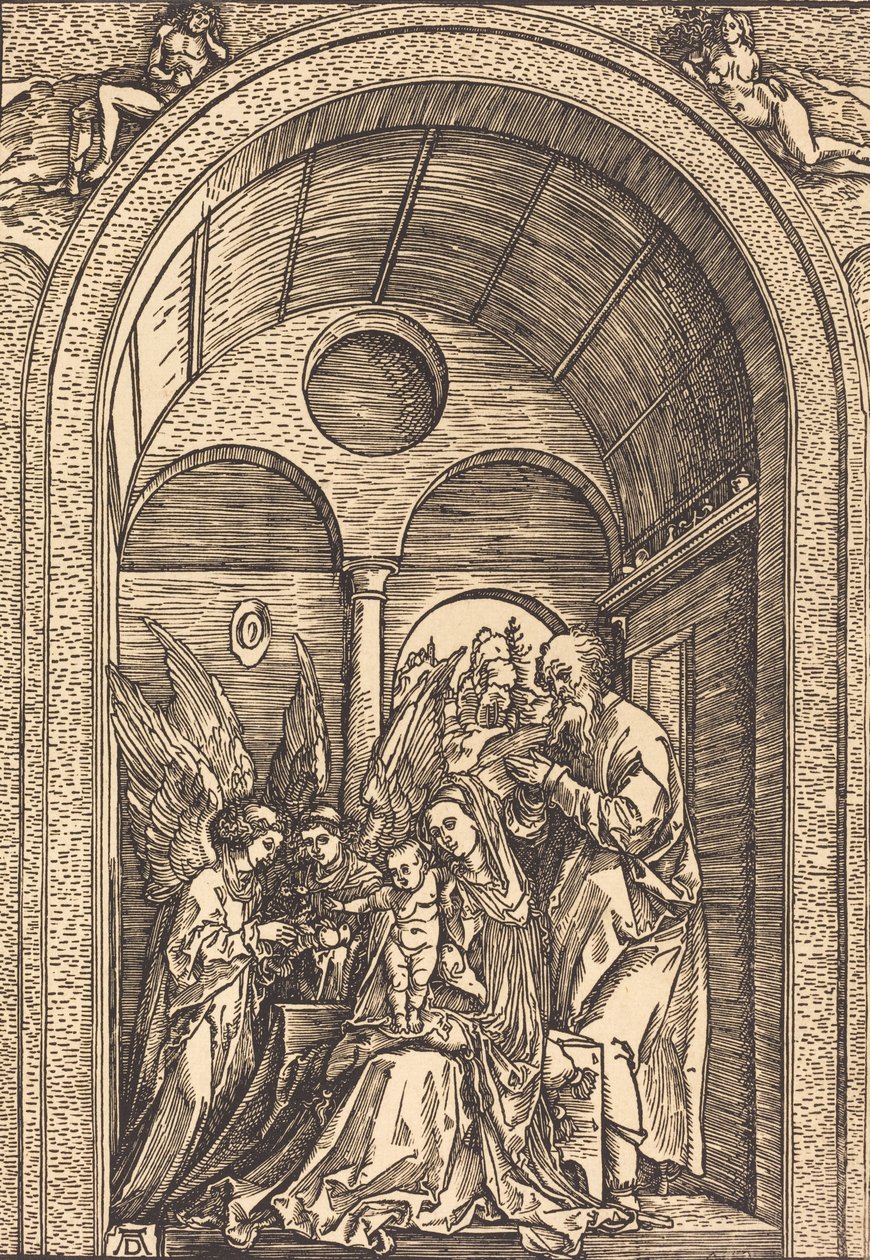 Pyhä perhe kahden enkelin kanssa holvihallissa, n. 1504. tekijältä Albrecht Dürer