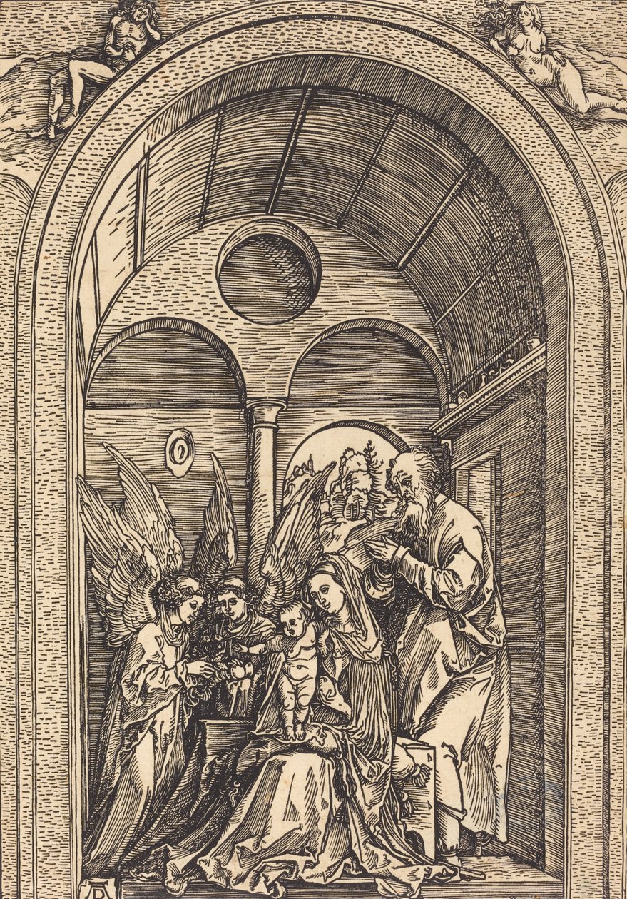 Pyhä perhe kahden enkelin kanssa holvihallissa, n. 1504. tekijältä Albrecht Dürer