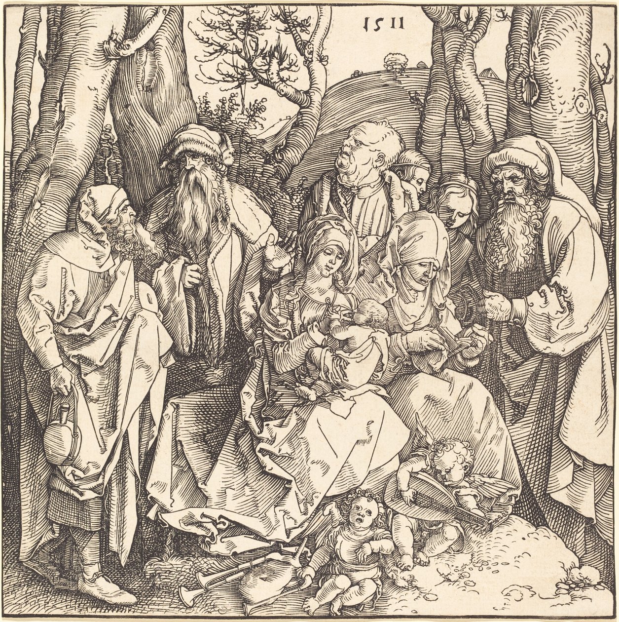 Pyhä perhe ja kaksi musiikkia tekevää enkeliä tekijältä Albrecht Dürer